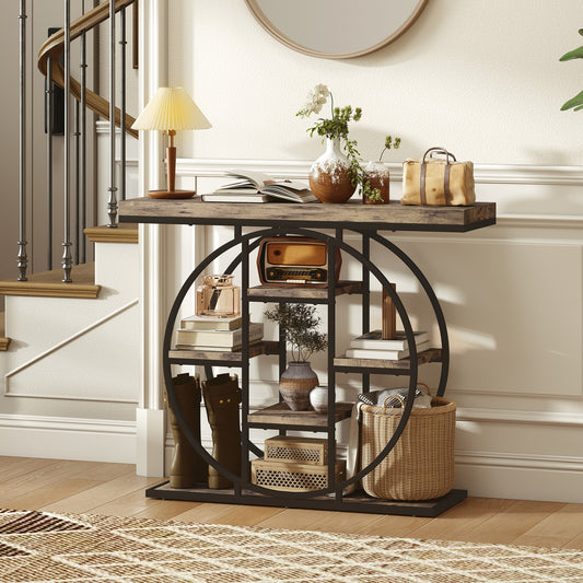 Industrial Console Table with Storage Shelves - Rustic Brown
