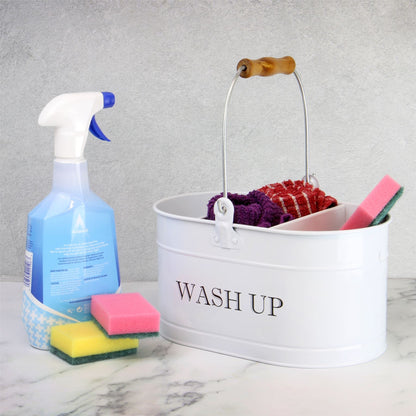 Maison & White Wash-Up Tidy | Chalk White Powder-Coated Steel Cleaning Caddy | 3 Compartments & Carry Handle | 27 × 14cm