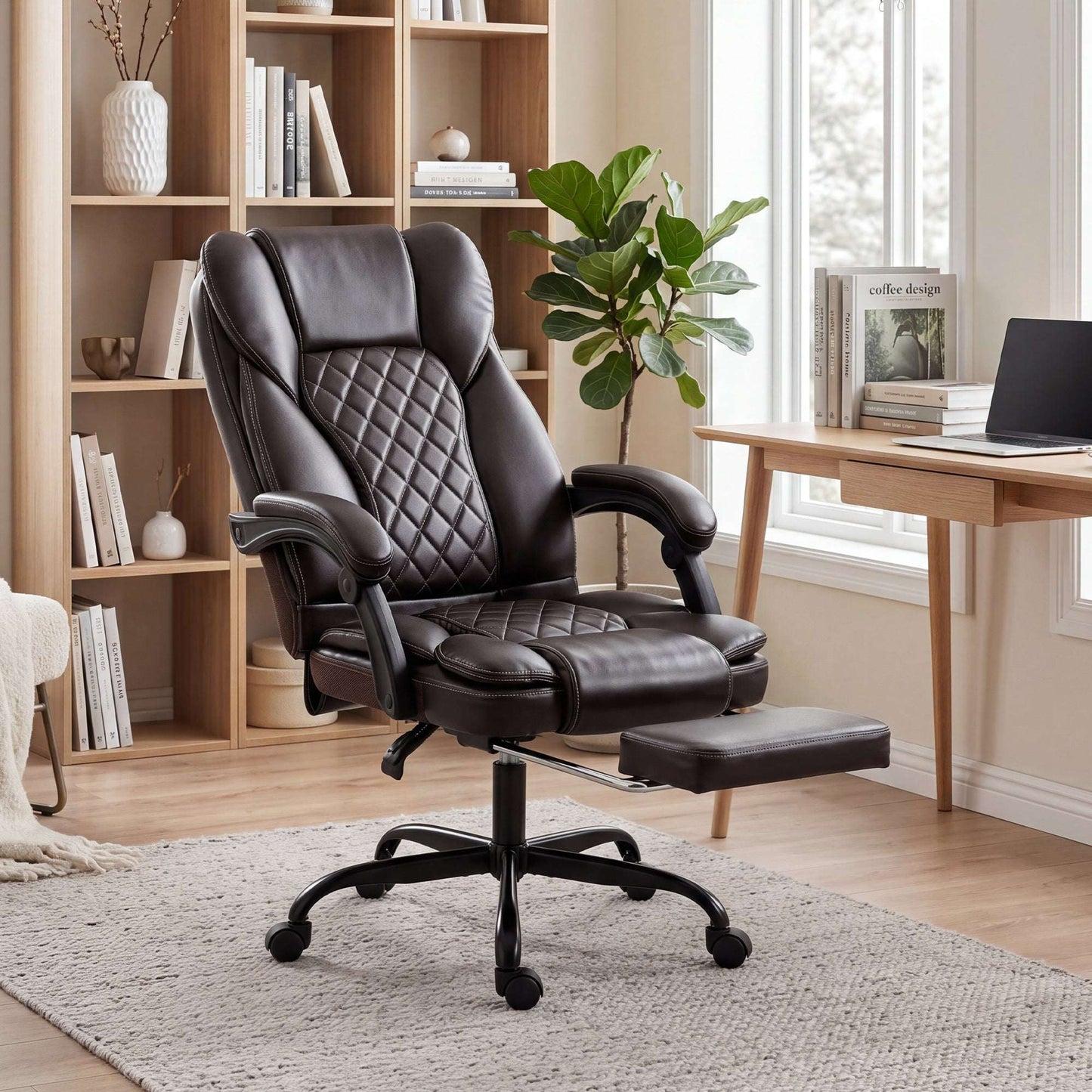 High-Back Executive Reclining Office Chair | 90-135° Recline | Linkage Armrests | Retractable Footrest | Pocket Spring & Foam Seat | PU Leather | EN1335 & BS5852 | 120kg | Brown