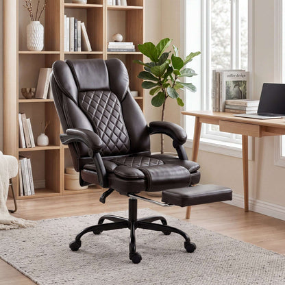 High-Back Executive Reclining Office Chair | 90-135° Recline | Linkage Armrests | Retractable Footrest | Pocket Spring & Foam Seat | PU Leather | EN1335 & BS5852 | 120kg | Brown