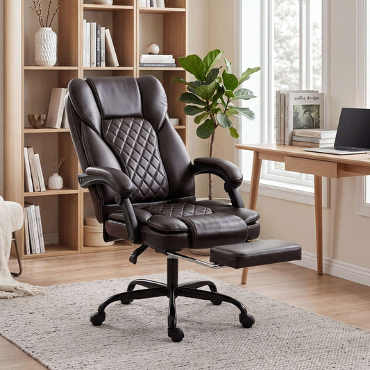 High-Back Executive Reclining Office Chair | 90-135° Recline | Linkage Armrests | Retractable Footrest | Pocket Spring & Foam Seat | PU Leather | EN1335 & BS5852 | 120kg | Brown