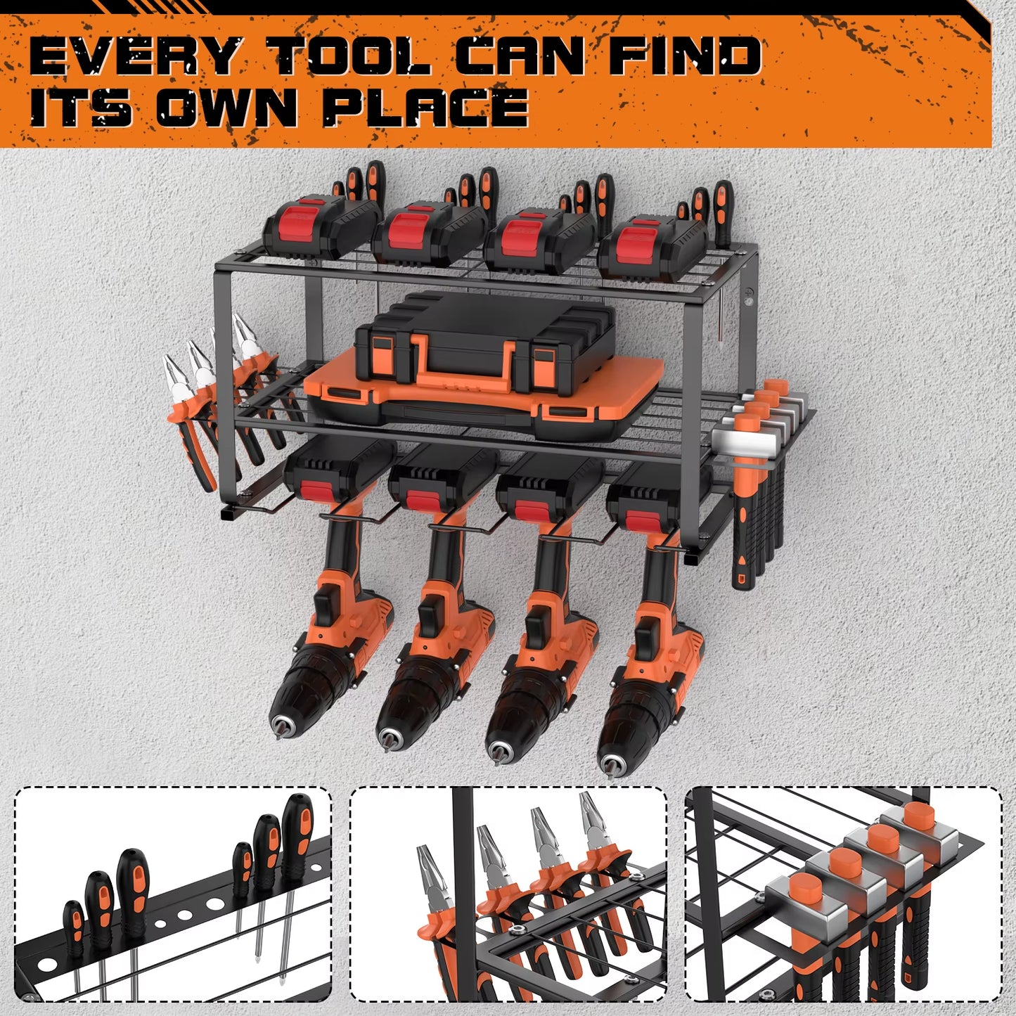 3-Tier Power Tool Storage, Heavy Duty Metal Tools Shelf Organiser Rack For 4 Drill Tools, Toolbox, Screwdrivers, Pliers