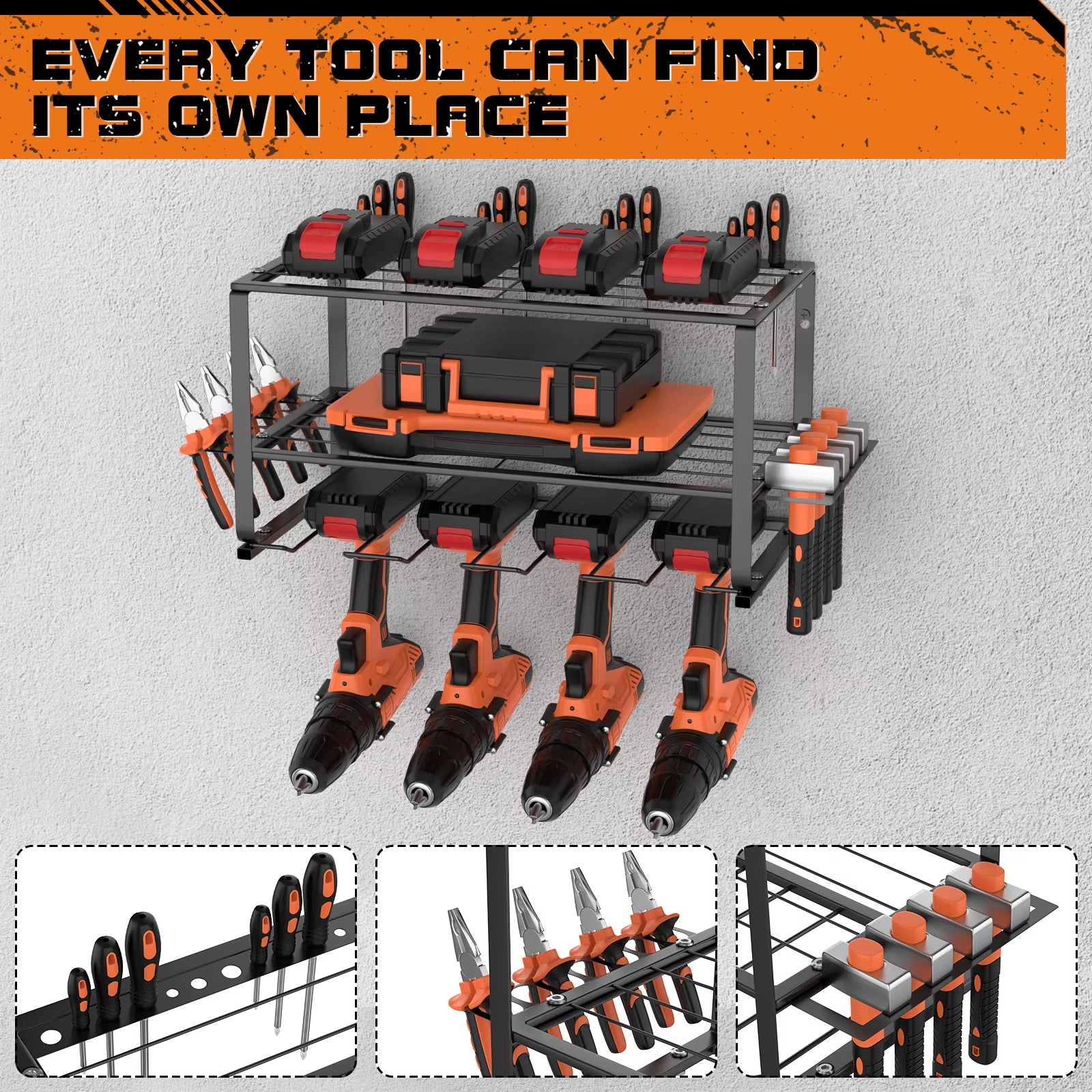 3-Tier Power Tool Storage, Heavy Duty Metal Tools Shelf Organiser Rack For 4 Drill Tools, Toolbox, Screwdrivers, Pliers