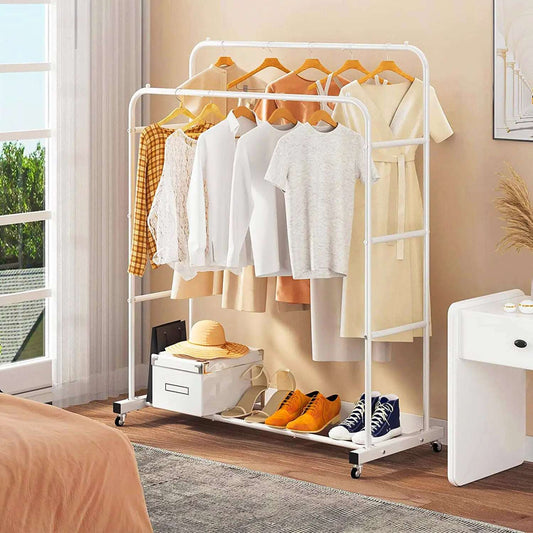 Heavy Duty Rolling Clothes Rack with Wheels Metal Coat Hanger Stand Shoes Storage Organizer