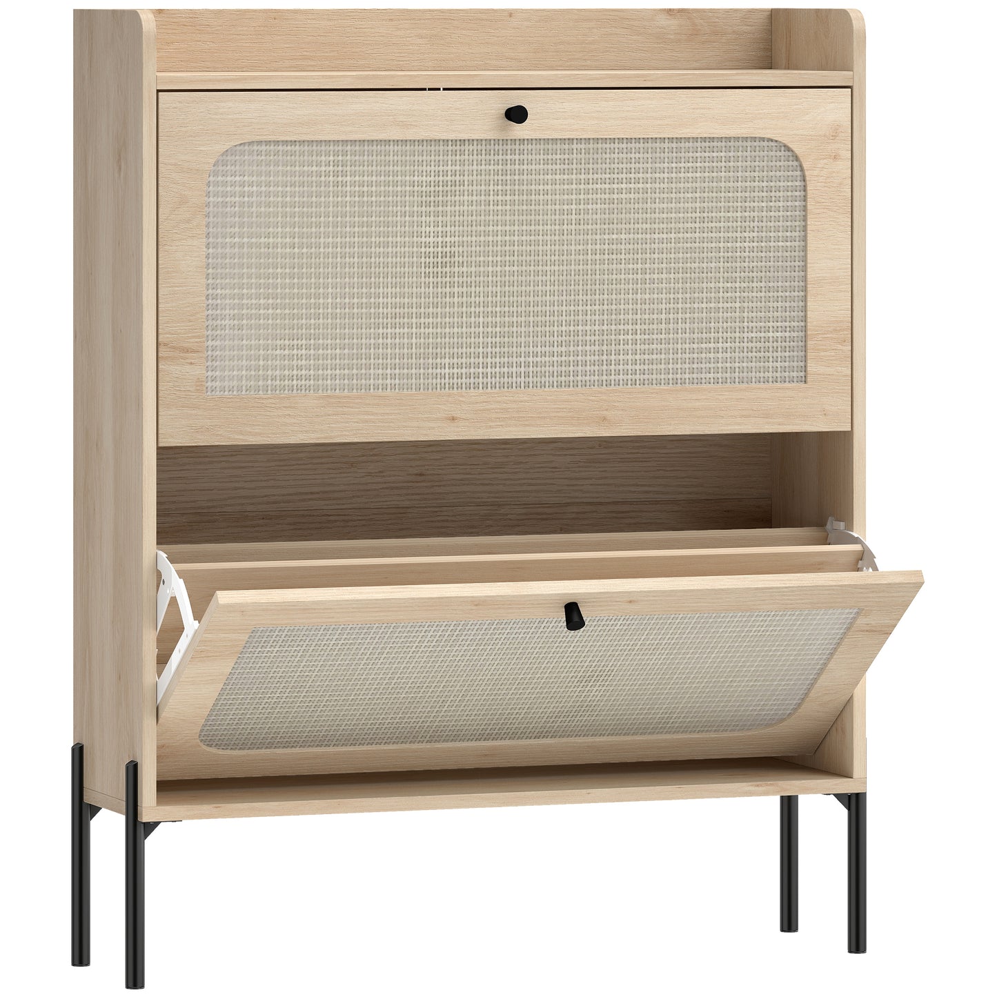 Boho Narrow Shoe Cabinet | 2 Flip Drawers | Rattan Fronts | 12-16 Pairs | Adjustable Shelves | Anti-Tip Hardware | Melamine Coating | 40kg Capacity | 80x23.7x99.5cm | Oak