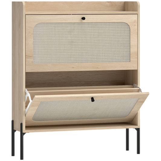 Boho Narrow Shoe Cabinet | 2 Flip Drawers | Rattan Fronts | 12-16 Pairs | Adjustable Shelves | Anti-Tip Hardware | Melamine Coating | 40kg Capacity | 80x23.7x99.5cm | Oak