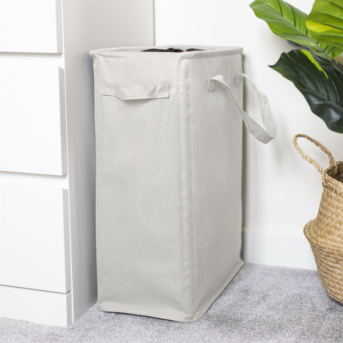 Maison & White 45L Slim White Laundry Basket with Handles | 600D Polyester | Fibre Rod Structure | Folds Flat | 53.3x38.6x21.6cm | Side Handles | Space-Saving | 2-Year Warranty