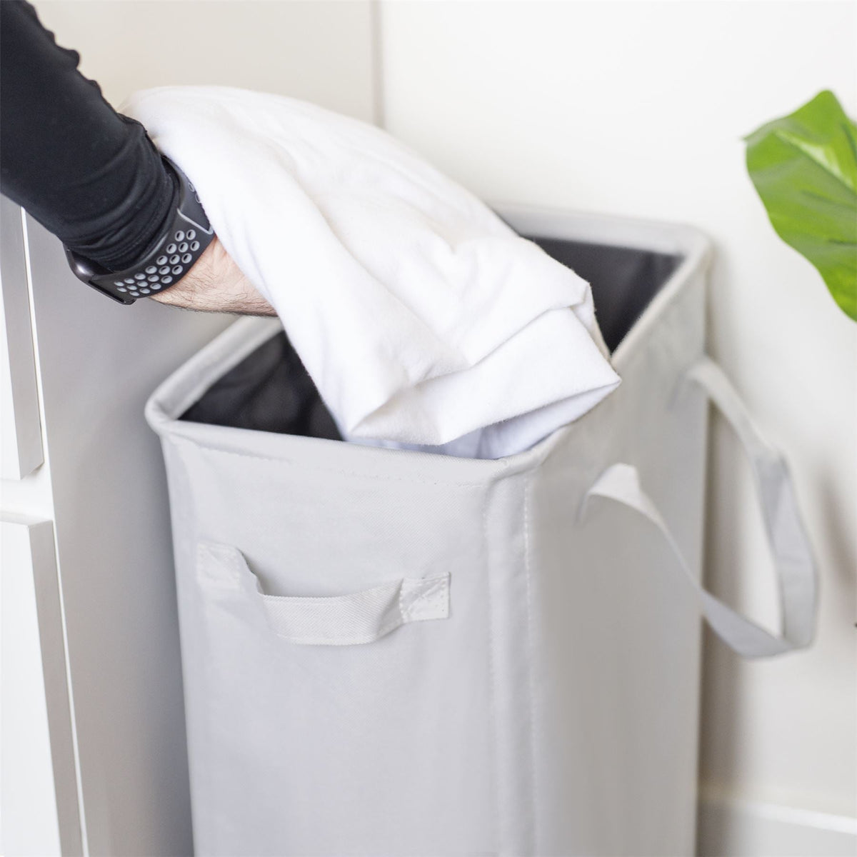Maison & White 45L Slim White Laundry Basket with Handles | 600D Polyester | Fibre Rod Structure | Folds Flat | 53.3x38.6x21.6cm | Side Handles | Space-Saving | 2-Year Warranty