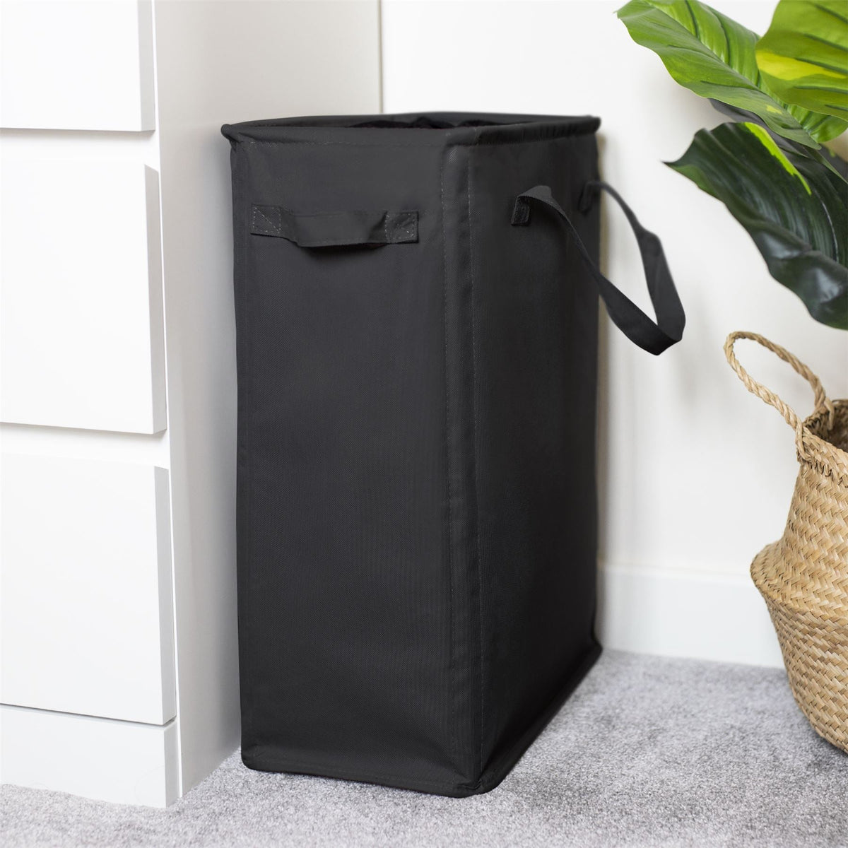 Maison & White 45L Slim Laundry Basket with Handles | Black 600D Polyester | Fibre Rod Frame | Folds Flat | 53.3x38.6x21.6cm | Bedroom Utility Toy Box Storage | 2-Year Warranty
