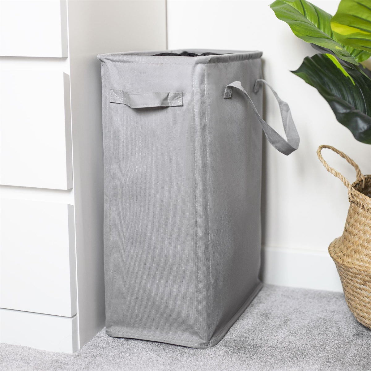 Maison & White 45L Slim Laundry Basket | Grey | 600D Polyester | 53.3x38.6x21.6cm | Fibre Rod Frame | Side Handles | Folds Flat | Suits Laundry & Toy Storage | 2-Year Warranty