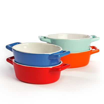 Maison & White Mini Ceramic Oven Dishes Set of 4 | Blue Red Orange Green | Carry Handles | Oven Microwave Freezer Dishwasher Safe to 200°C | 10x12x4cm | Casserole Tapas Pie | 2-Year Warranty