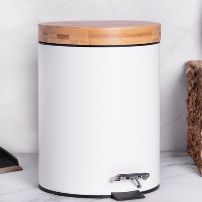 Maison & White 5L Bathroom Bin with Bamboo Lid | Matt White Steel | Foot Pedal | Soft-Close Lid | Removable Inner Basket | Fingerprint Resistant | 27.5x20.5x20.5cm | 2-Year Warranty