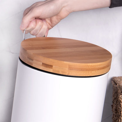 Maison & White 5L Bathroom Bin with Bamboo Lid | Matt White Steel | Foot Pedal | Soft-Close Lid | Removable Inner Basket | Fingerprint Resistant | 27.5x20.5x20.5cm | 2-Year Warranty