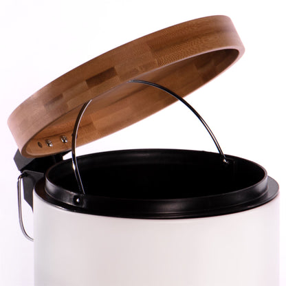 Maison & White 5L Bathroom Bin with Bamboo Lid | Matt White Steel | Foot Pedal | Soft-Close Lid | Removable Inner Basket | Fingerprint Resistant | 27.5x20.5x20.5cm | 2-Year Warranty