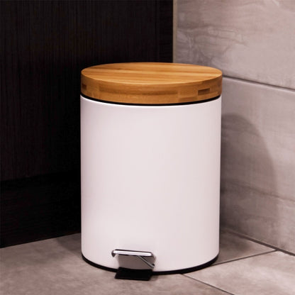 Maison & White 5L Bathroom Bin with Bamboo Lid | Matt White Steel | Foot Pedal | Soft-Close Lid | Removable Inner Basket | Fingerprint Resistant | 27.5x20.5x20.5cm | 2-Year Warranty