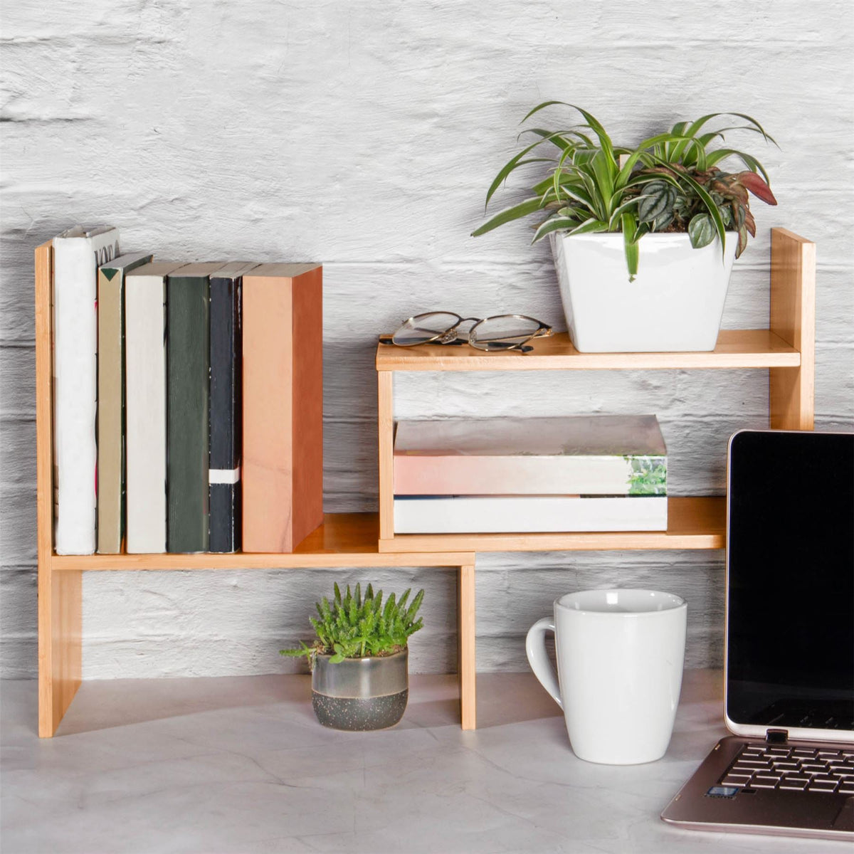 Maison & White Adjustable Bamboo Desk Storage Organiser | Extends 32–63cm Wide | 35cm Tall | 17cm Deep | Bookshelf Bookend Photo Display | Home Office Study Hallway | Assembly Required | 2-Year Warranty