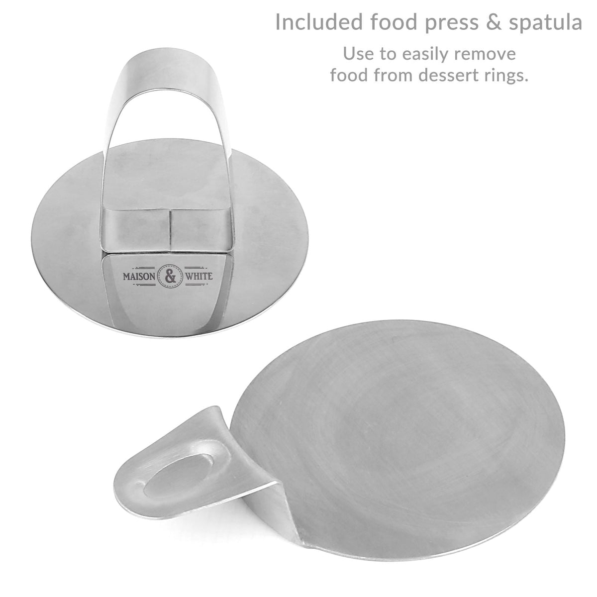 Maison & White 8-Piece Stainless Steel Cooking & Dessert Rings Set | 6 Rings 8cm x 5cm | Food Press & Spatula | Dishwasher Fridge Freezer Safe | Risotto Cheesecake Mousse | Portion Control | 2-Year Warranty