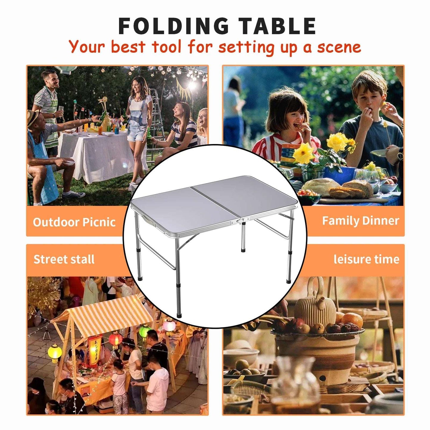 Aluminium Picnic Folding Table Foldable Portable Adjustable Height Lightweight For Camping BBQ 90cm
