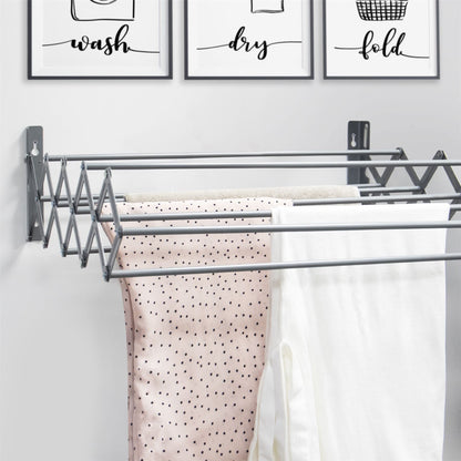 Pukkr Wall Mounted Extendable Clothes Airer | Grey Powder-Coated Steel | 9 Drying Rails | 60cm Wide, Retractable 11.5–62cm