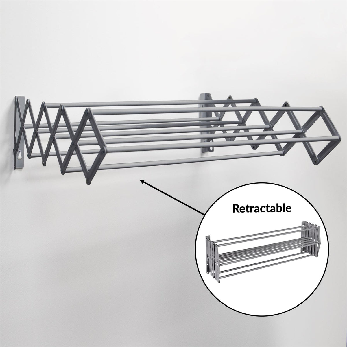 Pukkr Wall Mounted Extendable Clothes Airer | Grey Powder-Coated Steel | 9 Drying Rails | 60cm Wide, Retractable 11.5–62cm