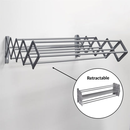 Pukkr Wall Mounted Extendable Clothes Airer | Grey Powder-Coated Steel | 9 Drying Rails | 60cm Wide, Retractable 11.5–62cm