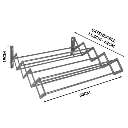 Pukkr Wall Mounted Extendable Clothes Airer | Grey Powder-Coated Steel | 9 Drying Rails | 60cm Wide, Retractable 11.5–62cm