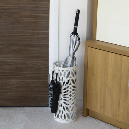 Maison & White Round White Metal Umbrella Stand | Powder-Coated Iron | Laser-Cut Design | Removable Drip Tray | 4 Hooks | 49.2x21cm | Rust Resistant | 2-Year Warranty