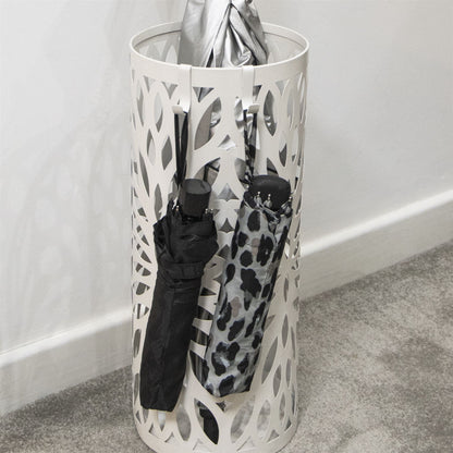 Maison & White Round White Metal Umbrella Stand | Powder-Coated Iron | Laser-Cut Design | Removable Drip Tray | 4 Hooks | 49.2x21cm | Rust Resistant | 2-Year Warranty