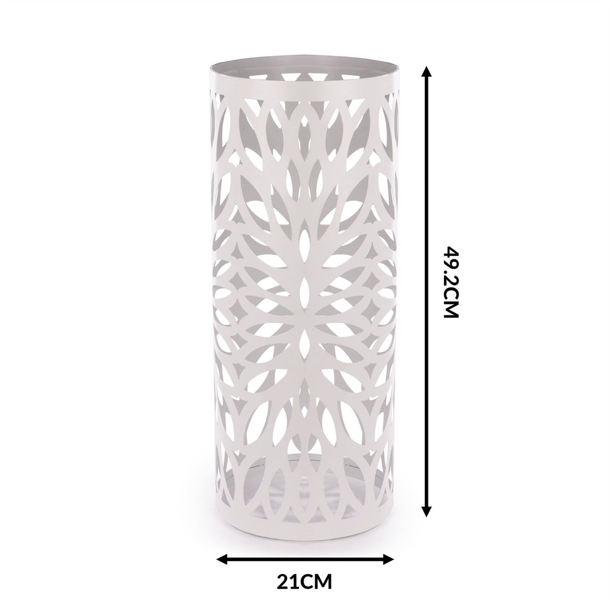 Maison & White Round White Metal Umbrella Stand | Powder-Coated Iron | Laser-Cut Design | Removable Drip Tray | 4 Hooks | 49.2x21cm | Rust Resistant | 2-Year Warranty