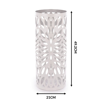 Maison & White Round White Metal Umbrella Stand | Powder-Coated Iron | Laser-Cut Design | Removable Drip Tray | 4 Hooks | 49.2x21cm | Rust Resistant | 2-Year Warranty