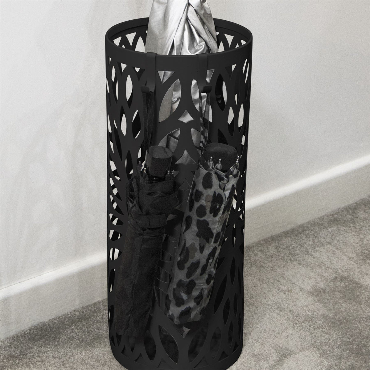 Maison & White Round Metal Umbrella Stand | Black Laser-Cut Iron | Removable Drip Tray & 4 Hooks | 49.2cm Tall