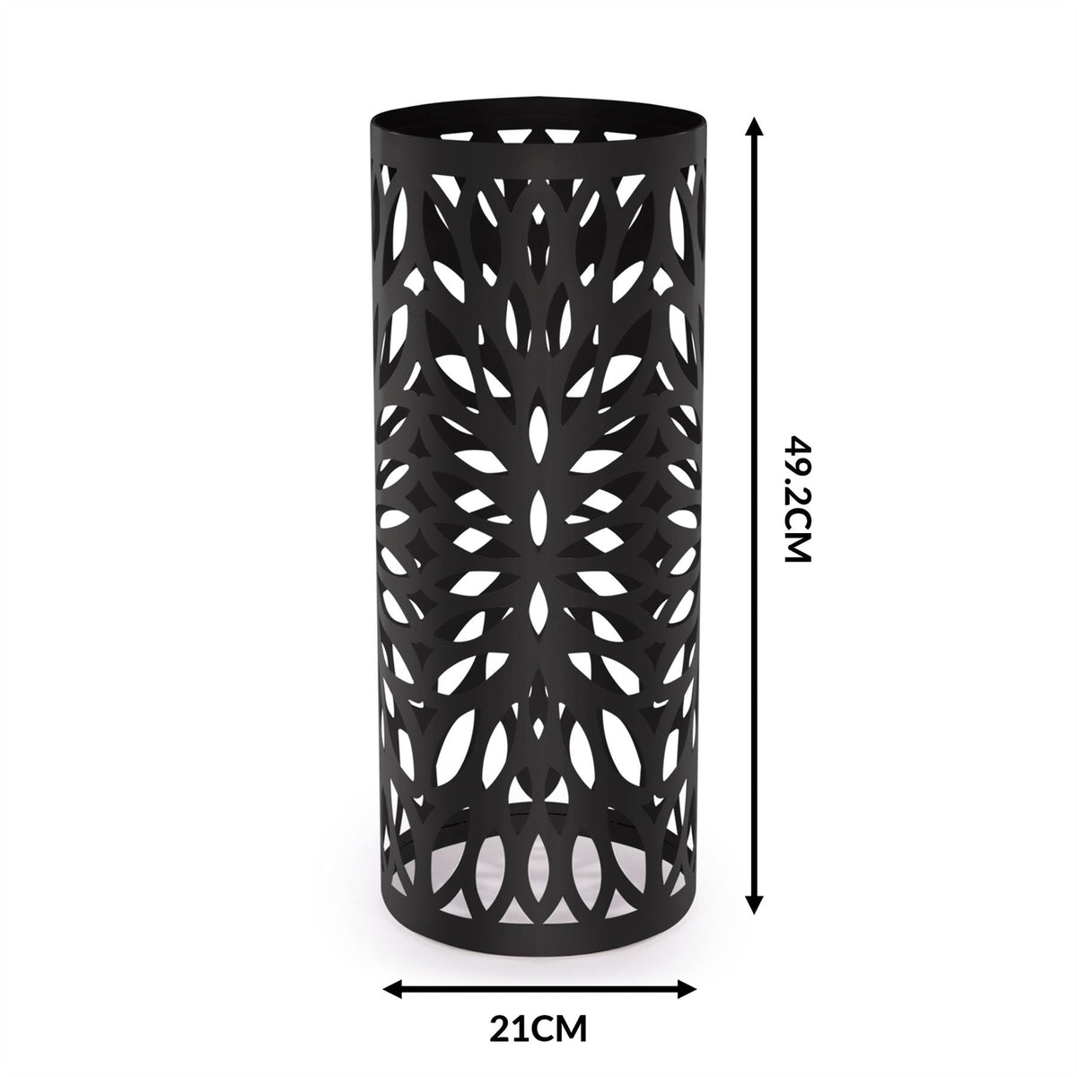 Maison & White Round Metal Umbrella Stand | Black Laser-Cut Iron | Removable Drip Tray & 4 Hooks | 49.2cm Tall