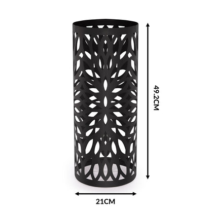 Maison & White Round Metal Umbrella Stand | Black Laser-Cut Iron | Removable Drip Tray & 4 Hooks | 49.2cm Tall