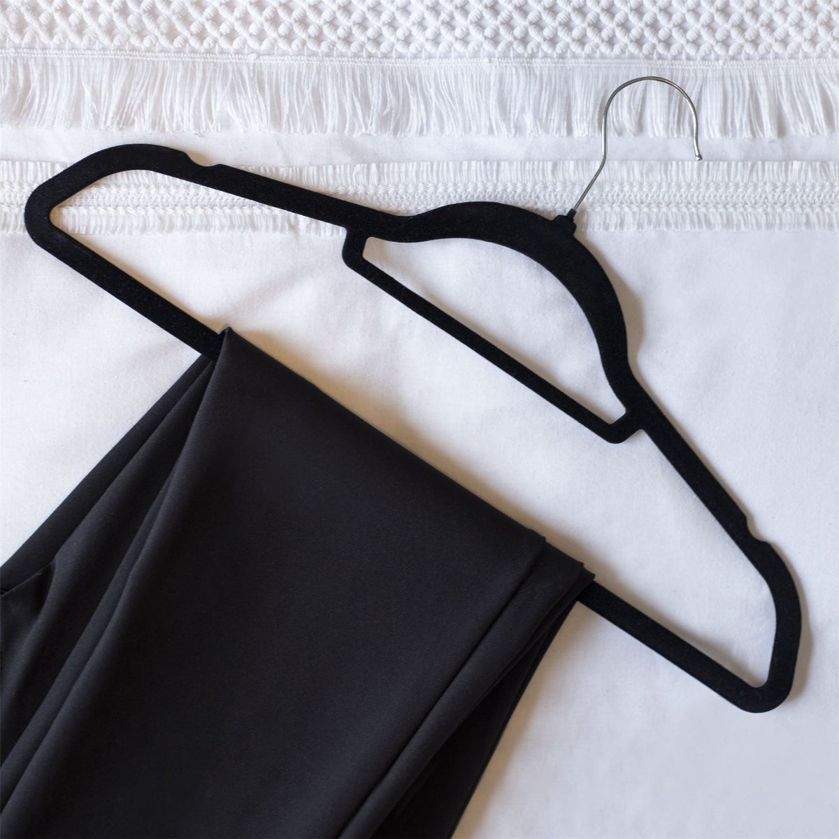 Maison & White Velvet Coat Hangers | Black Pack of 50 | Slimline 45cm Flocked Clothes Hangers | Trouser Bar & Shoulder Notches