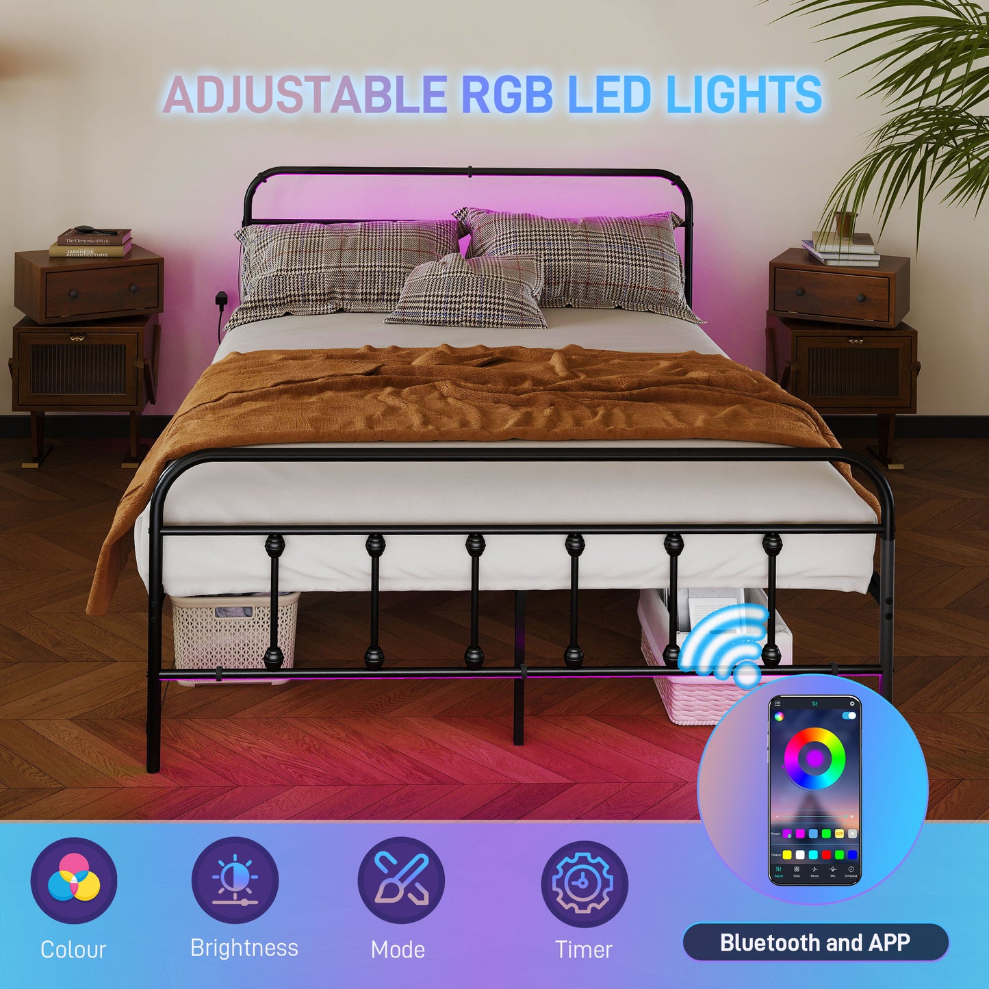 Double Bed Frame with LED Lights and Charging Station, Metal Platform Bed Frame with Under Bed Storage, Black