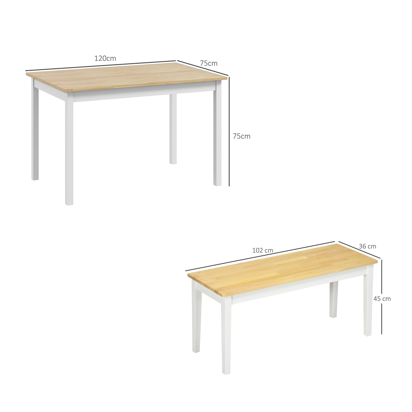Dining Table and Bench Set, Farmhouse Kitchen Table and Bench with Wooden Frame for Living Room, Dining Room, Natural and White