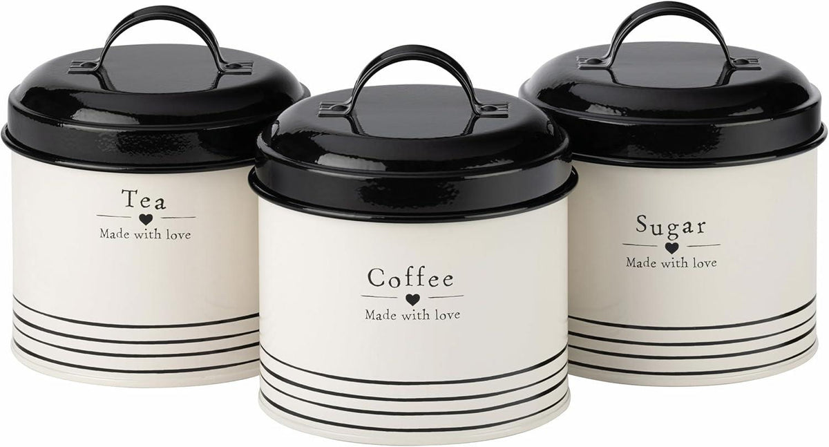 Made with Love Tea Coffee Sugar Canister Set of 3 | Steel Storage Tins | Black & White | Heart Design | Easy-Pull Lid | 13cm | Kitchen Gift