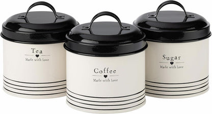 Made with Love Tea Coffee Sugar Canister Set of 3 | Steel Storage Tins | Black & White | Heart Design | Easy-Pull Lid | 13cm | Kitchen Gift
