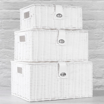 Maison & White Set of 3 Resin Woven Storage Baskets | White | Locking Lids | Stackable | Wipe Clean | Small 12.5x28x20cm | Medium 15.5x33x24cm | Large 18.5x36x28cm | 2-Year Warranty
