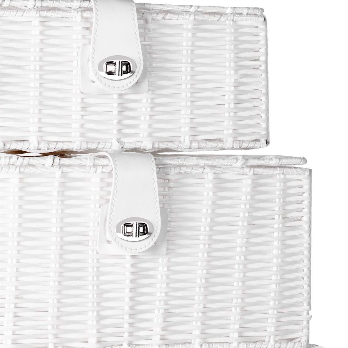 Maison & White Set of 3 Resin Woven Storage Baskets | White | Locking Lids | Stackable | Wipe Clean | Small 12.5x28x20cm | Medium 15.5x33x24cm | Large 18.5x36x28cm | 2-Year Warranty