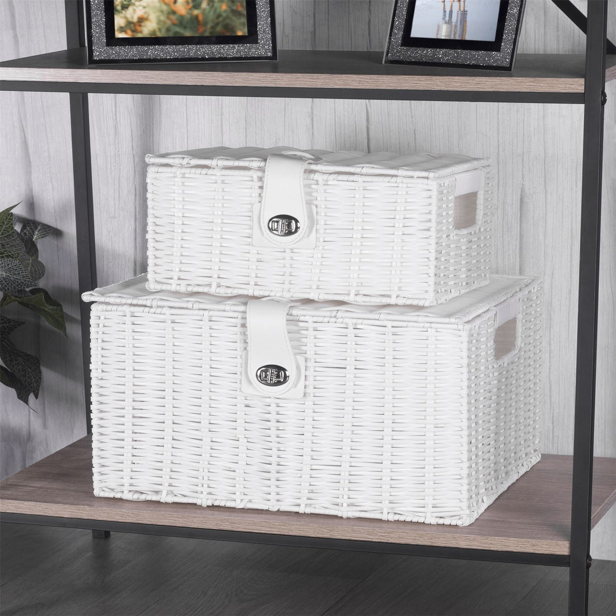 Maison & White Set of 3 Resin Woven Storage Baskets | White | Locking Lids | Stackable | Wipe Clean | Small 12.5x28x20cm | Medium 15.5x33x24cm | Large 18.5x36x28cm | 2-Year Warranty
