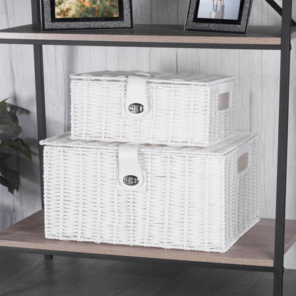 Maison & White Set of 3 Resin Woven Storage Baskets | White | Locking Lids | Stackable | Wipe Clean | Small 12.5x28x20cm | Medium 15.5x33x24cm | Large 18.5x36x28cm | 2-Year Warranty