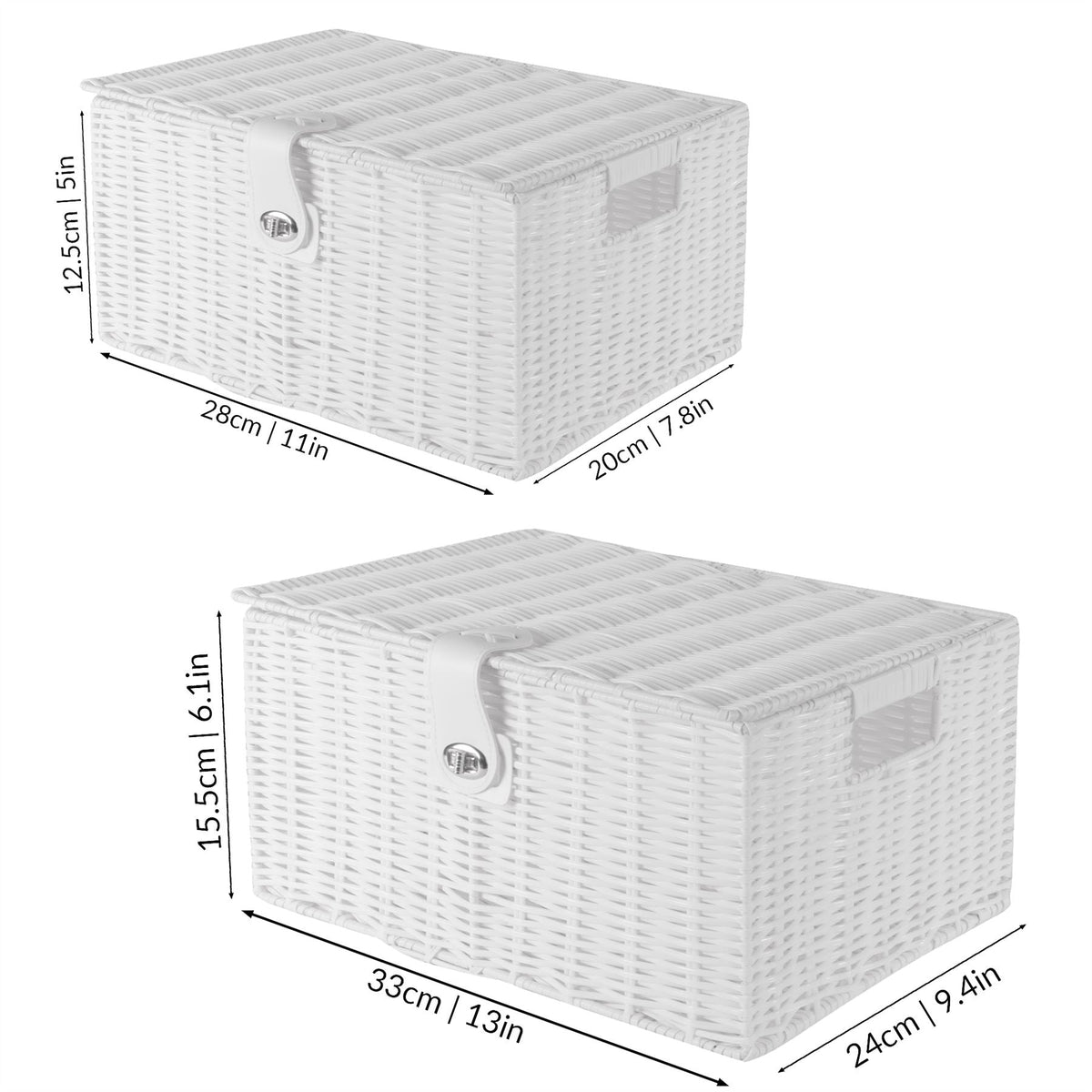 Maison & White Set of 3 Resin Woven Storage Baskets | White | Locking Lids | Stackable | Wipe Clean | Small 12.5x28x20cm | Medium 15.5x33x24cm | Large 18.5x36x28cm | 2-Year Warranty