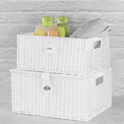 Maison & White Set of 3 Resin Woven Storage Baskets | White | Locking Lids | Stackable | Wipe Clean | Small 12.5x28x20cm | Medium 15.5x33x24cm | Large 18.5x36x28cm | 2-Year Warranty