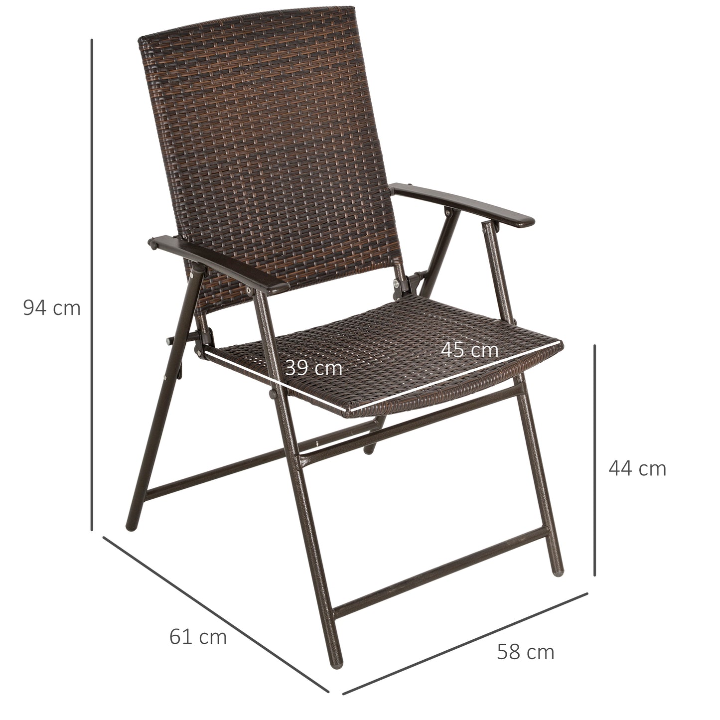 Set of 2 Folding Rattan Garden Chairs | UV & Water Resistant PE Rattan | Steel Frame | Foldable | Floor Pads | 56x63x94cm | 110kg Per Chair | Brown