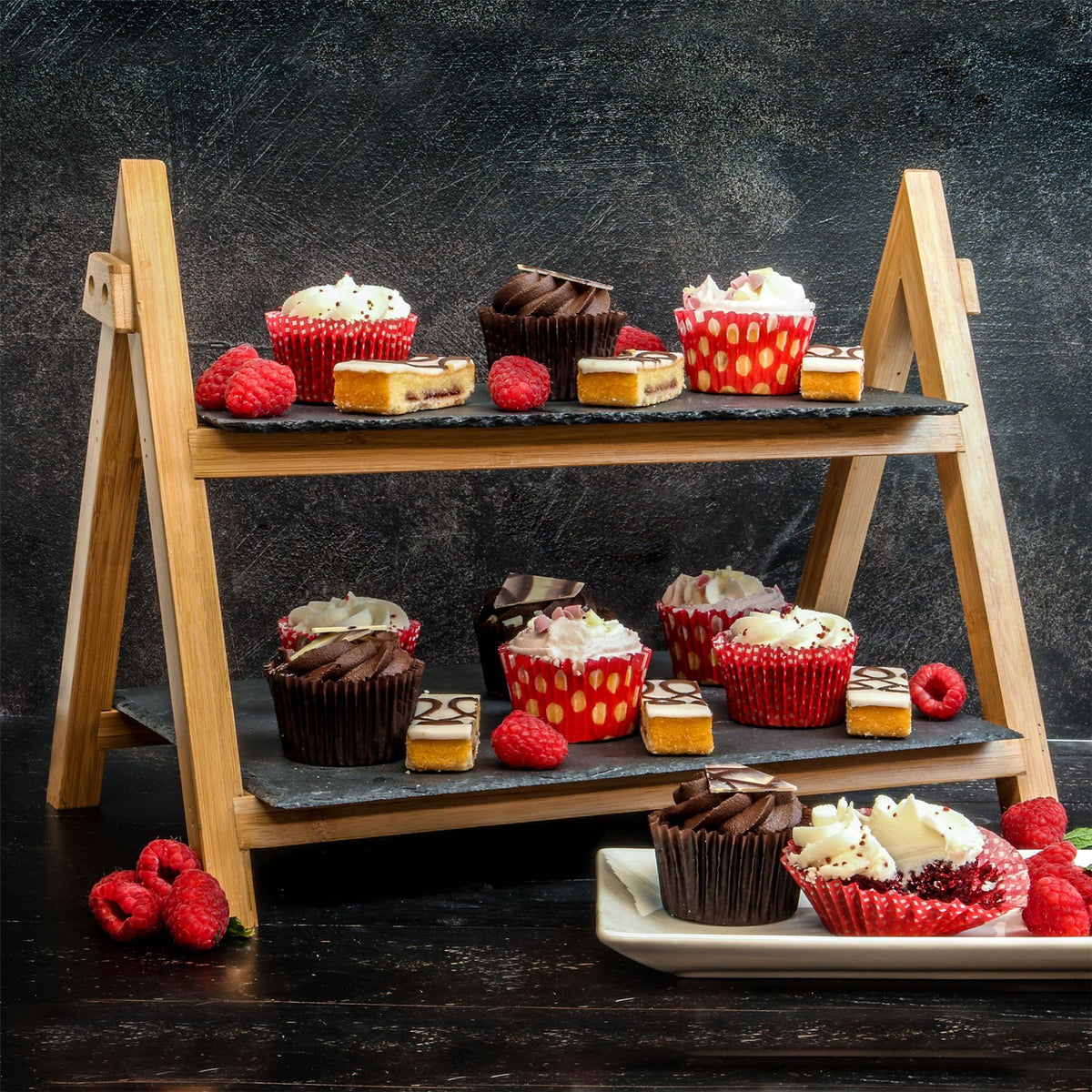 Maison & White 2 Tier Slate & Bamboo Food Stand | Foldable Frame | Removable Slate Platters | 32x42x25.5cm | 670g | Desserts Antipasti Entertaining | Assembly Required