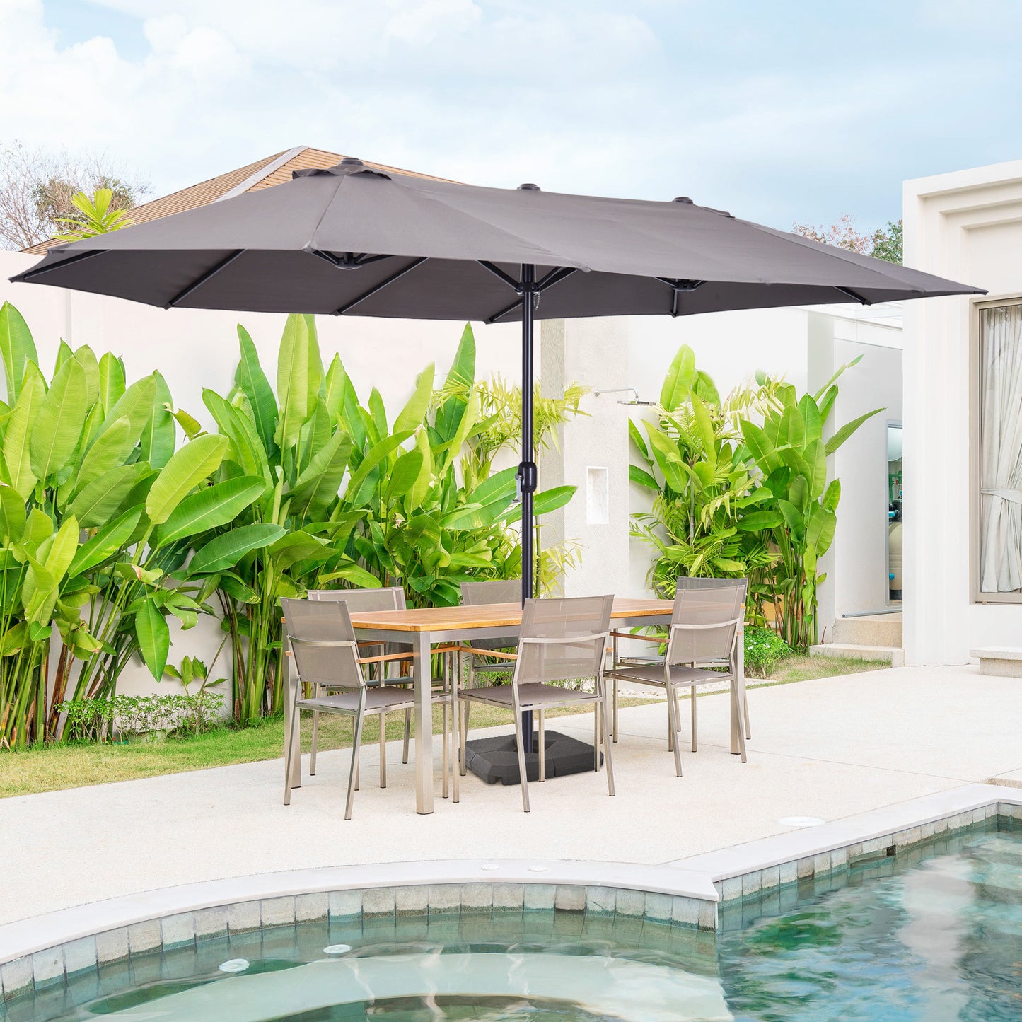 Outsunny 4.6m Garden Parasol Double-Sided Sun Umbrella Patio Market Shelter Canopy Shade with Umbrella Stand, Grey