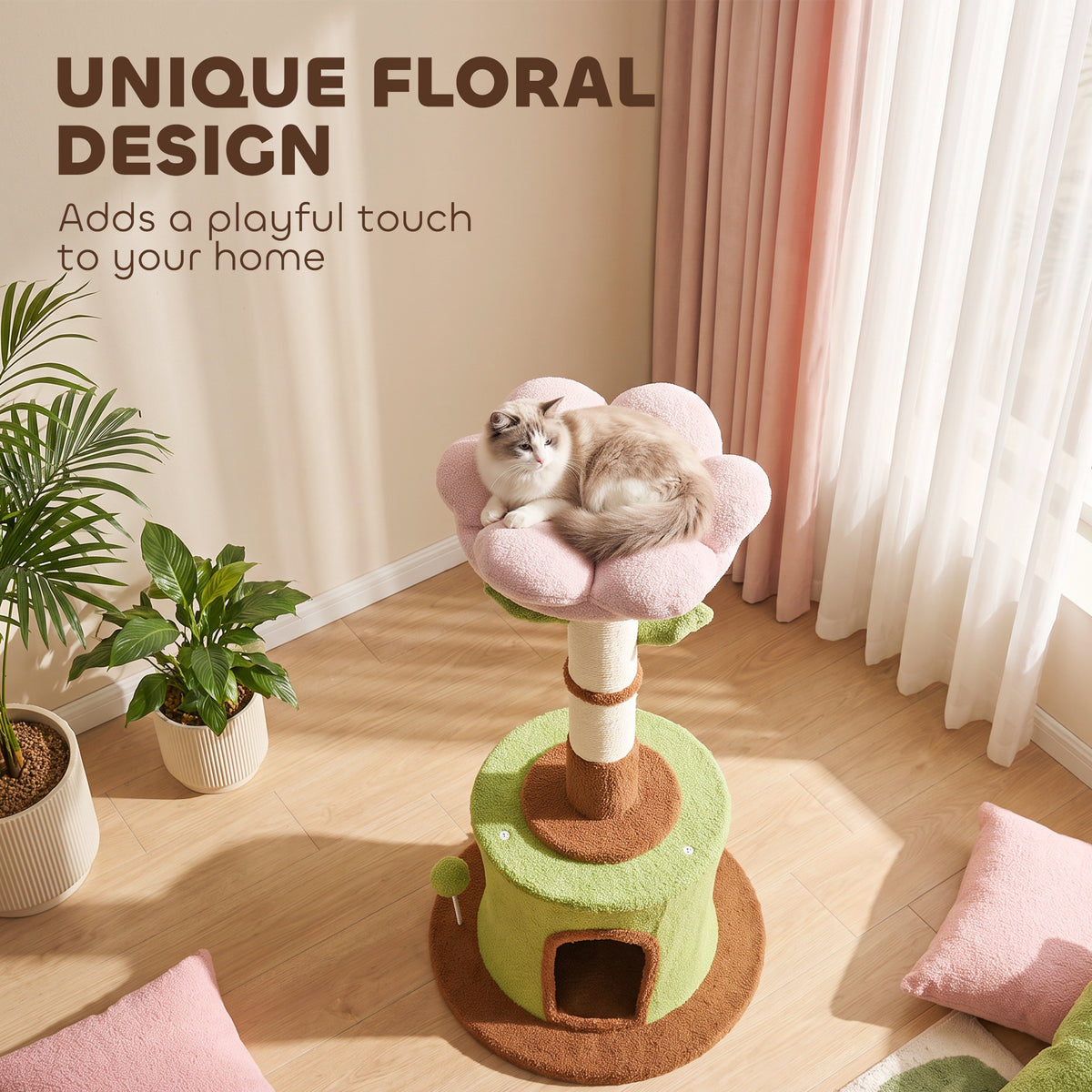 PawHut 88cm Flower Cat Tree | Condo & Plush Bed | Sisal Scratching Post | 3 Tiers | 2 Toy Balls & 2 Crinkle Leaves | 270g Plush | Peach Velvet | Freestanding | 48x48x88cm | 5kg Max | Green Pink Brown Beige