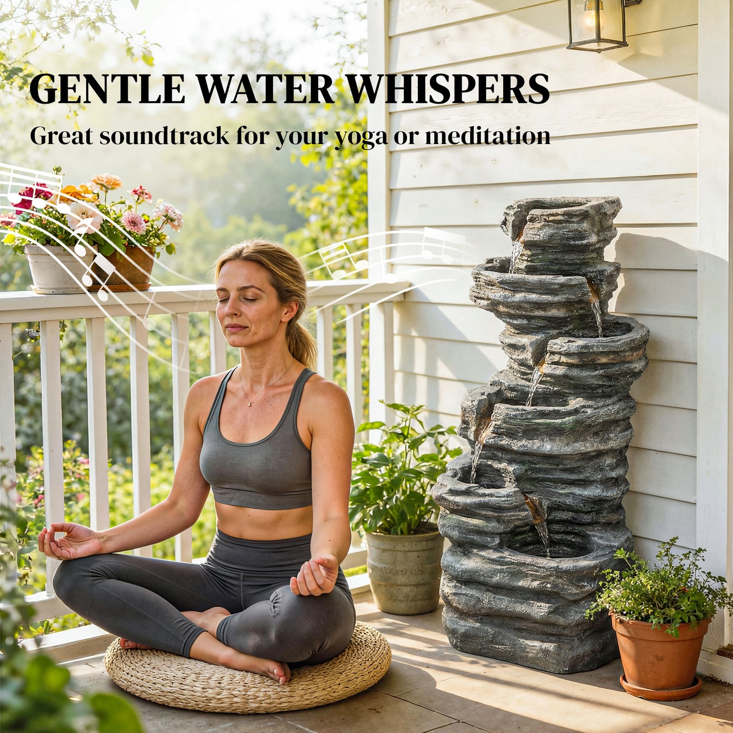 6-Tier Cascading Garden Water Fountain | LED Lights | Resin | Grey | 101.5cm