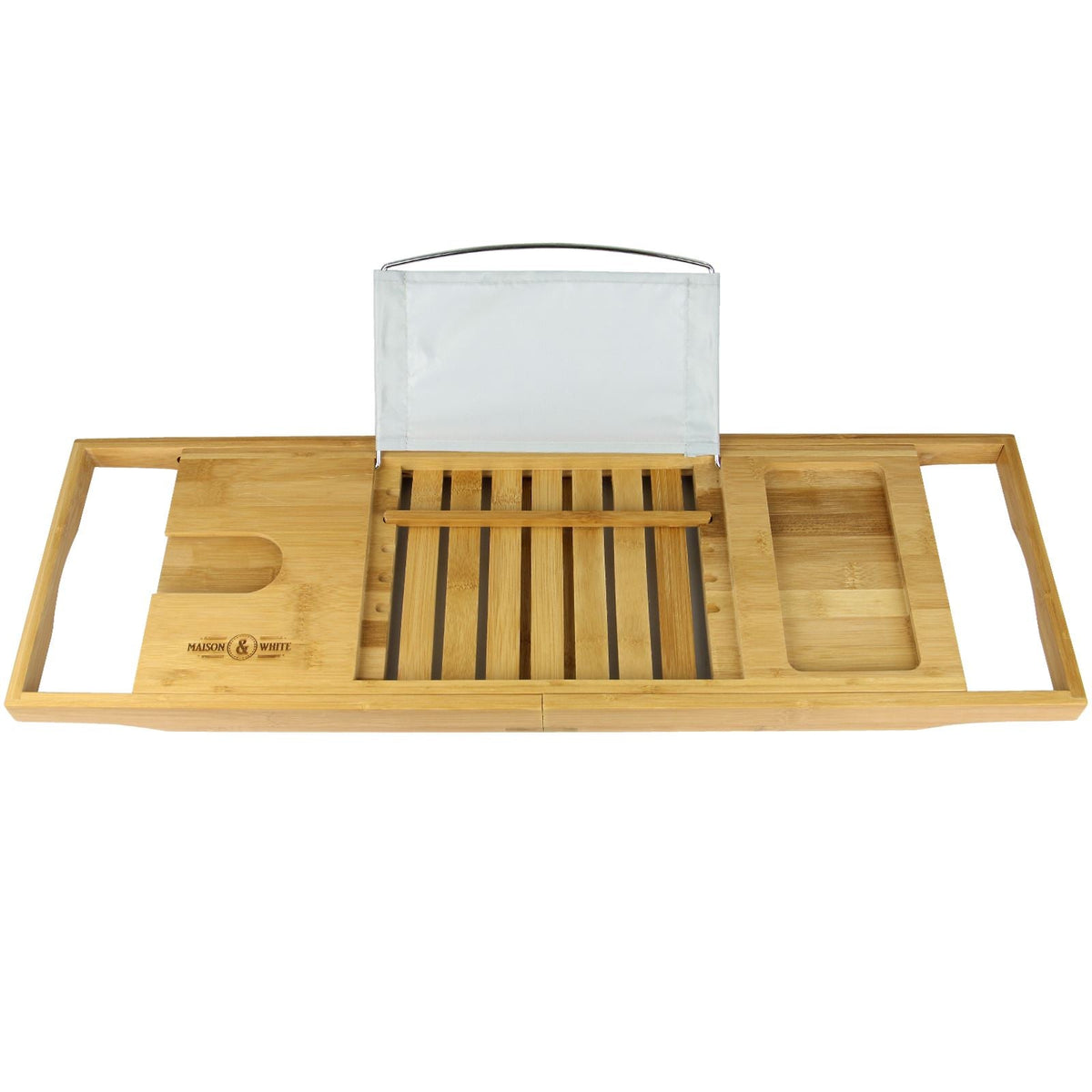Maison & White Extendable Bamboo Bath Caddy | Adjustable 70.5–105cm | Wine Glass Holder | Smartphone Slot | Tablet & Book Rest | Non-Slip Feet | Natural Bamboo | 2-Year Warranty